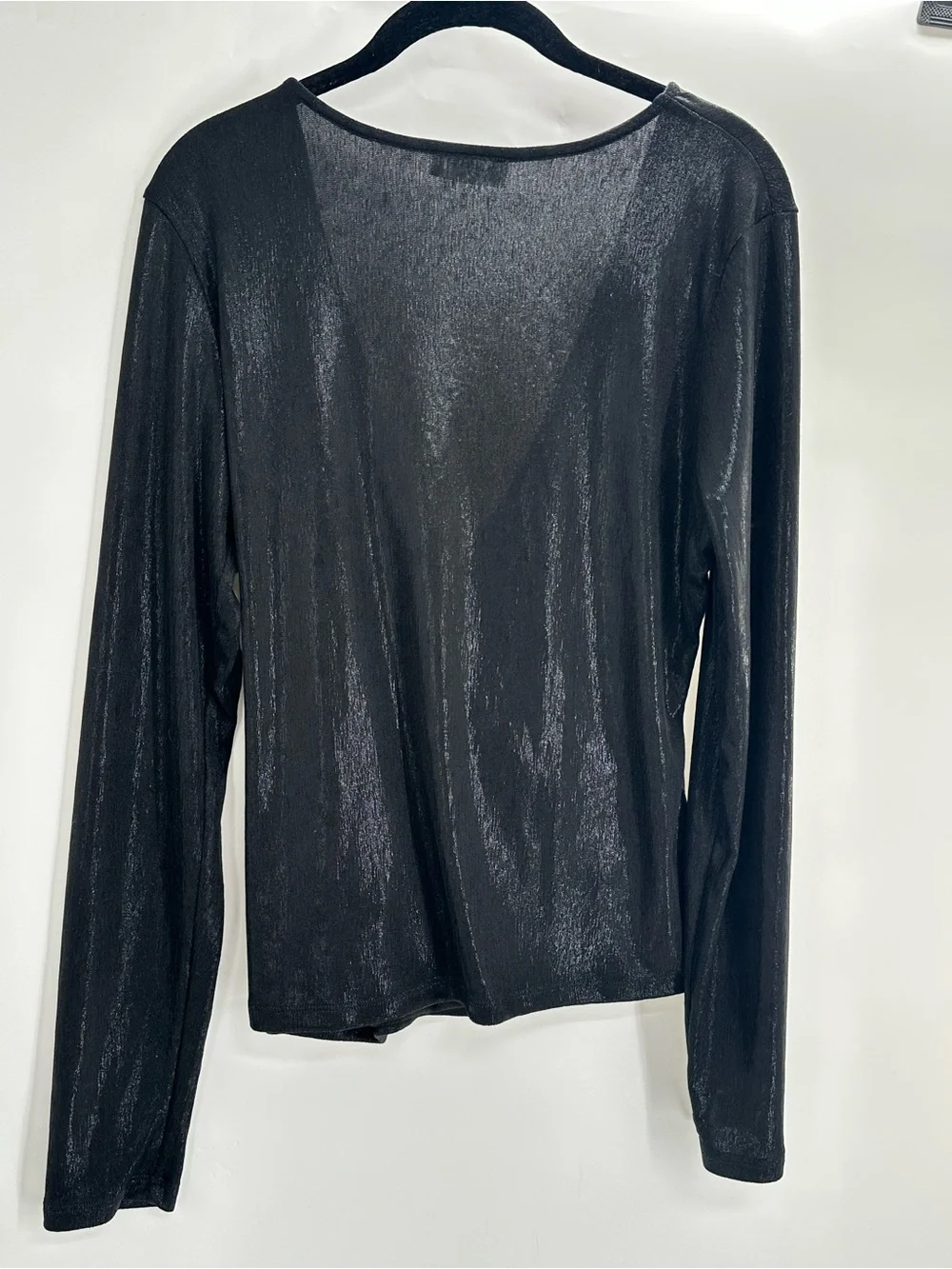 Marcella NYC Dulce Metallic Top Sparkly Lurex Long-Sleeve Wrap Top